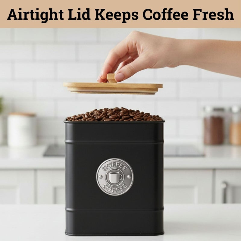 HB Design Co. Airtight Coffee Canister - 40 oz Large Iron Black Coffee Container Airtight - 6 x 8 inch Metal Jar - Stylish Countertop Container for Grounds, Beans, Pods & More with Rubber-Lined Bamboo Lid - Image 4