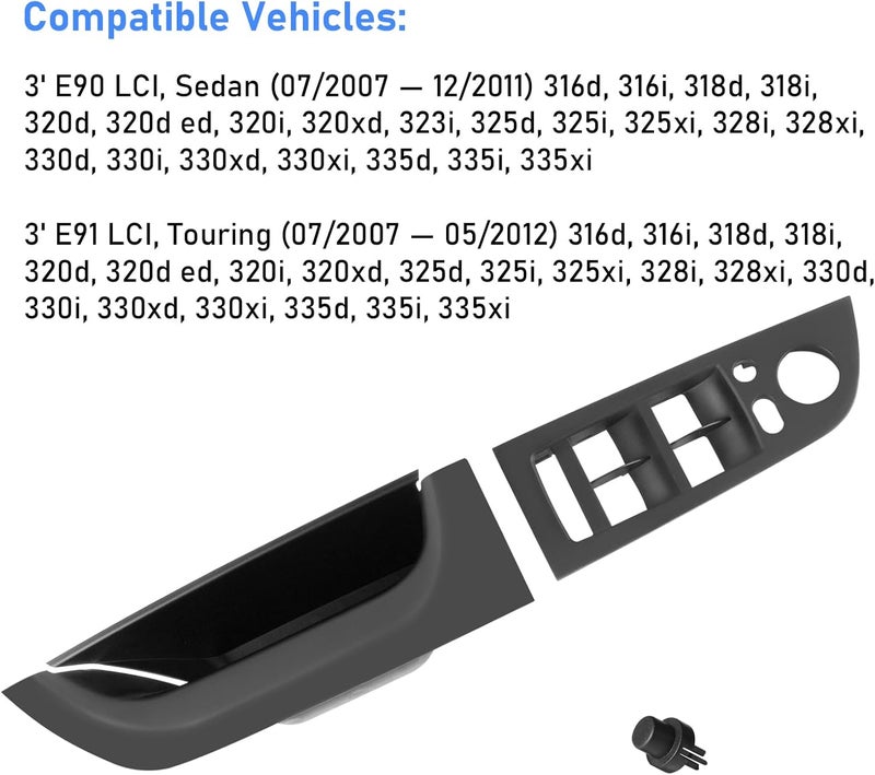 Jaronx Driver Side Door Handle Cover and Window Switch Panel for BMW 3 Series E90/E91 (2008-2011) - Black - Image 2