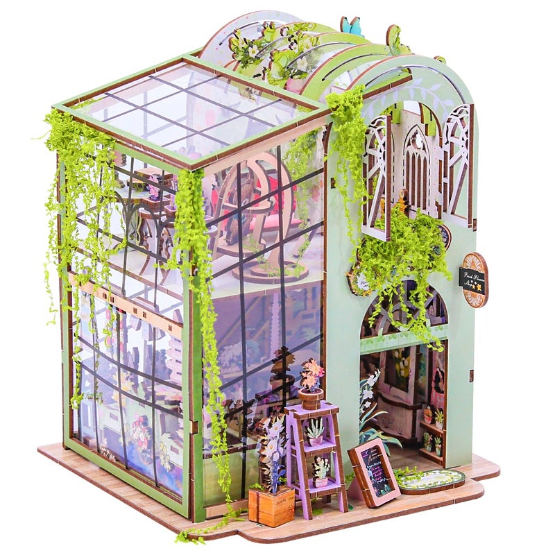 Insgen Miniature Flower House Kit Bookshelf Decor 3D Wooden Puzzle DIY Flower Dollhouse Booknook Making Kits with Furniture for Adults and Teenagers - Image 3