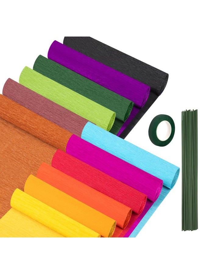 fuceury 12 Colors Crepe Paper Rolls, 10 x 98Inch Wide Crepe Paper Sheets with Floral Stem Wire and Green Floral Tapes for DIY Gift Wrapping Paper Crafts Birthday Wedding Holiday Paper Flower(Deep Colors) - Image 1