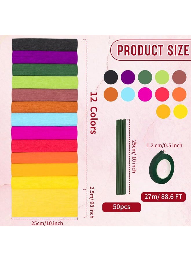 fuceury 12 Colors Crepe Paper Rolls, 10 x 98Inch Wide Crepe Paper Sheets with Floral Stem Wire and Green Floral Tapes for DIY Gift Wrapping Paper Crafts Birthday Wedding Holiday Paper Flower(Deep Colors) - Image 2