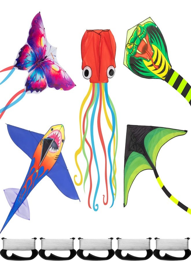 PullCrease 5 Pcs Large Kites for Adult Octopus Mint Green Cobra Shark Butterfly Kites with 110 Yards/300 ft Line and Handle for Beach Outdoor Activities - Image 1