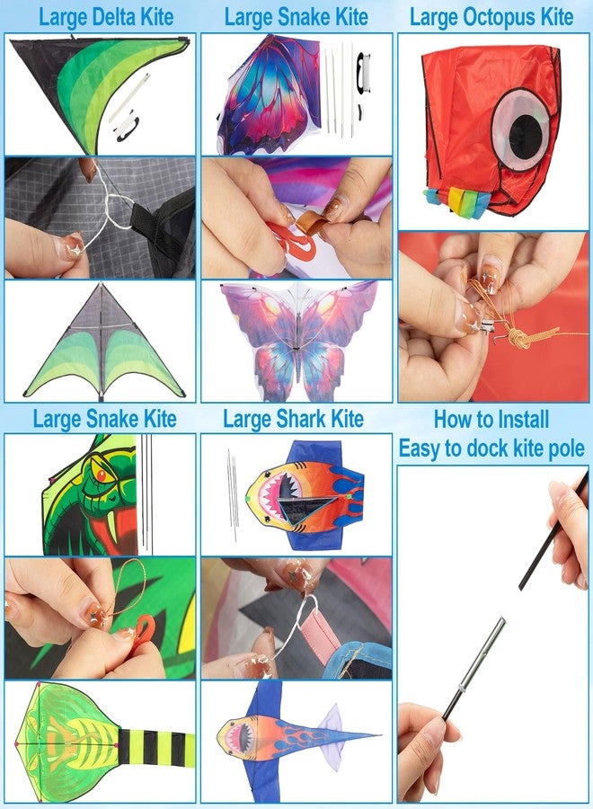 PullCrease 5 Pcs Large Kites for Adult Octopus Mint Green Cobra Shark Butterfly Kites with 110 Yards/300 ft Line and Handle for Beach Outdoor Activities - Image 4