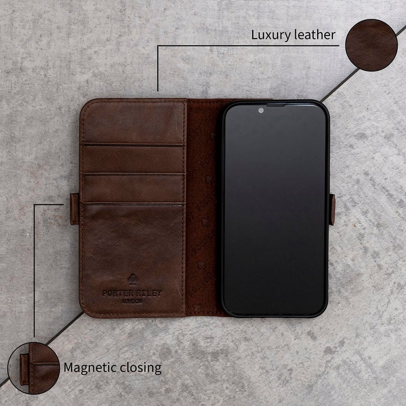Porter Riley - Leather Case Compatible with iPhone 17. Premium Genuine Leather Stand/Cover/Wallet/Flip Case with Card Slots & Horizontal Stand (Chocolate Brown) - Image 3