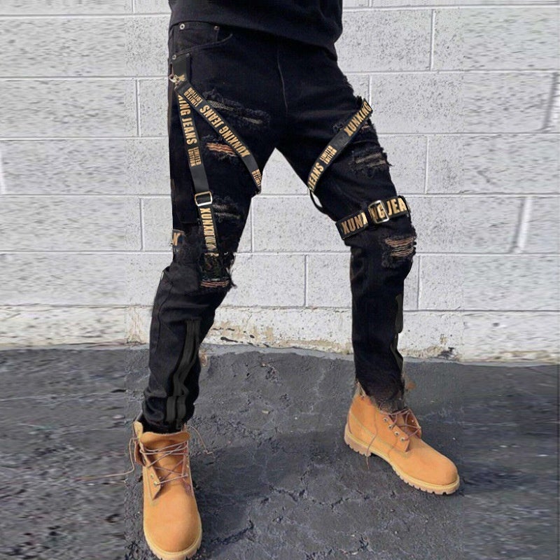 Hot New Foreign Trade Straight Slim Button Ripped Jeans European and American Trendy Jeans S - Image 1