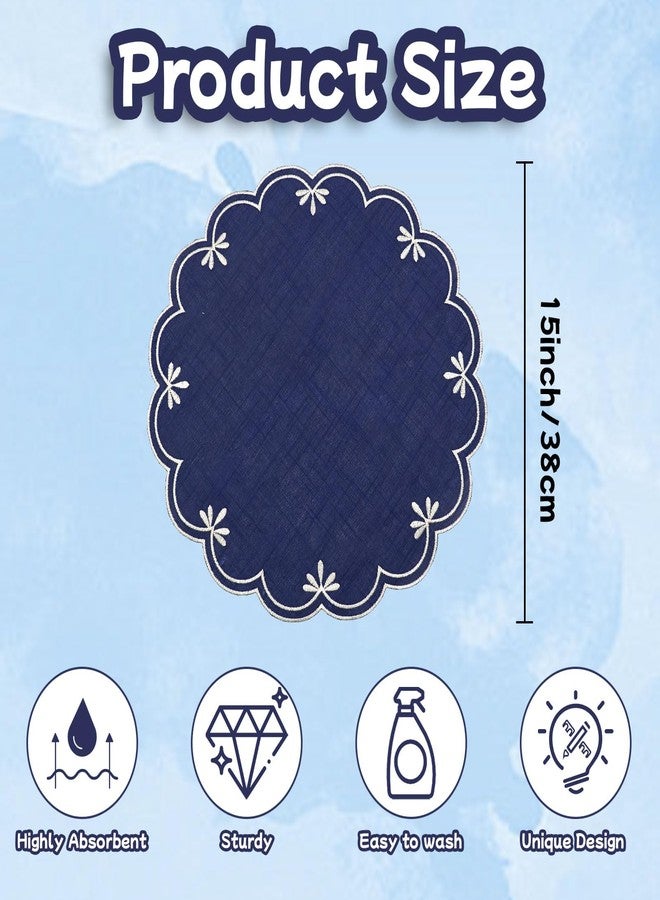 SK Studio Set of 6 Cotton Linen Placemats, 15x15 Round Scalloped Cloth Table Mats, Embroidery Double Layered Washable Dining Placemat for Hotel Restaurant Kitchen, Navy Blue - Image 2