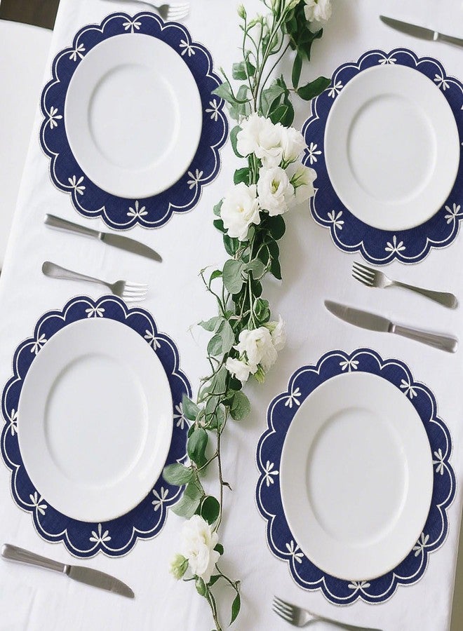SK Studio Set of 6 Cotton Linen Placemats, 15x15 Round Scalloped Cloth Table Mats, Embroidery Double Layered Washable Dining Placemat for Hotel Restaurant Kitchen, Navy Blue - Image 5