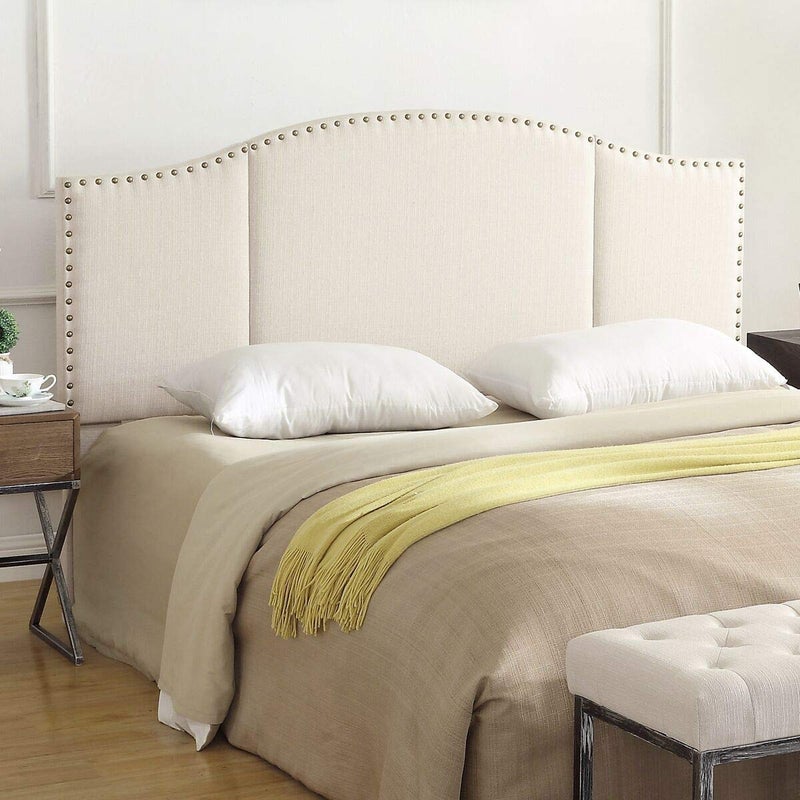 24KF Middle Century Linen Upholstered Tufted Queen Size Headboard with Antique Brass Nails QueenFull headboard Ivory