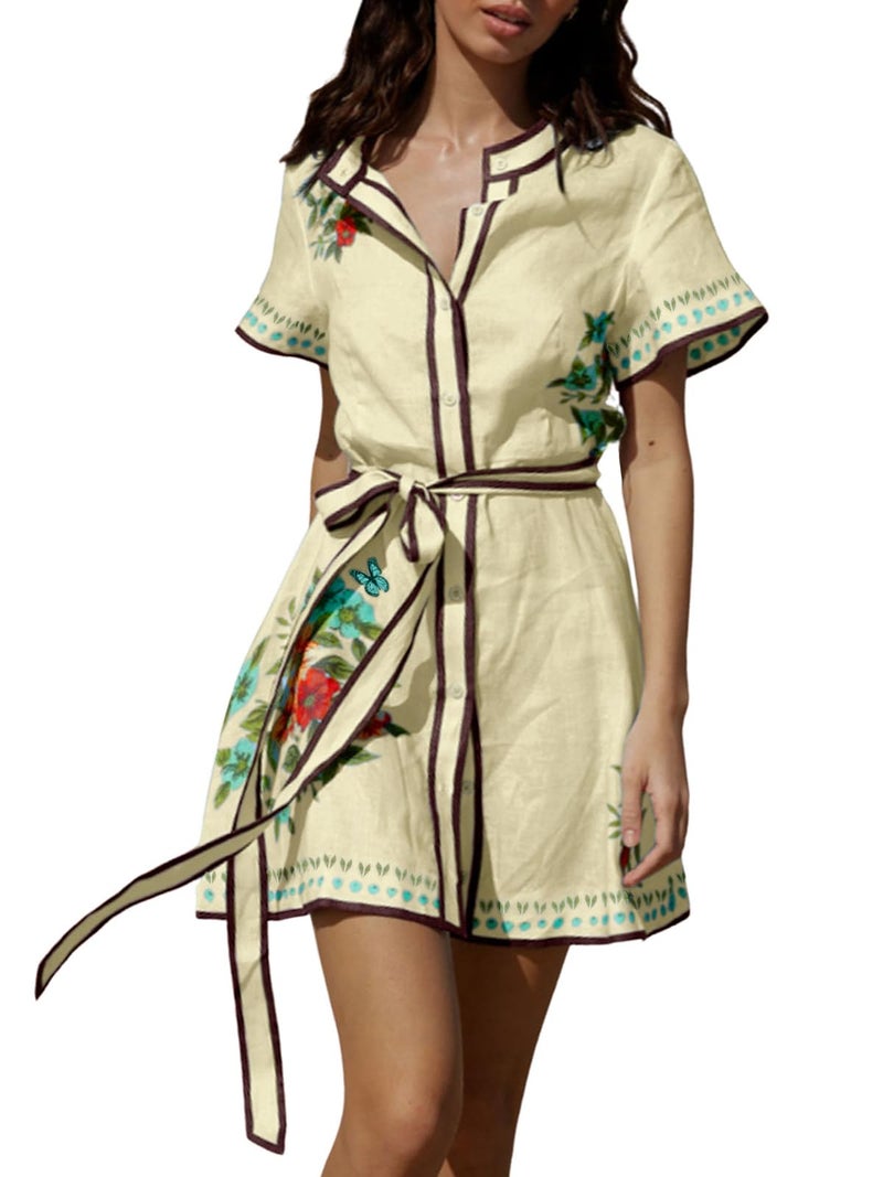 CHARTOU Women's Floral Linen Button Down Wrap Tie Knot Boho Beach Shirt Dress with Belt (Small, Yellow)