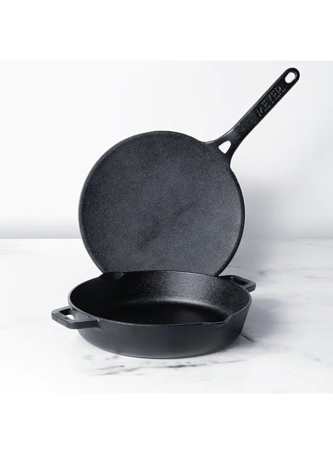 Meyer Pre-Seasoned Cast Iron Tawa 2 Piece Cookware Set - 26cm Roti Tawa + 24cm Skillet | Cast Iron Utensils for Cooking | Cast Iron Cookware Combo Offer for Kitchen | Iron Pan, Black - Image 3