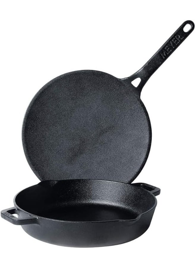 Meyer Pre-Seasoned Cast Iron Tawa 2 Piece Cookware Set - 26cm Roti Tawa + 24cm Skillet | Cast Iron Utensils for Cooking | Cast Iron Cookware Combo Offer for Kitchen | Iron Pan, Black - Image 1