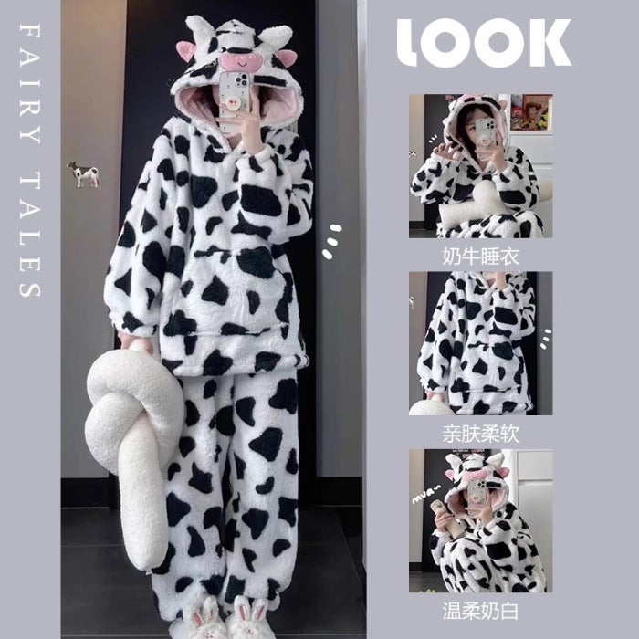 Winter Hooded Flannel Cow Pajamas Women Thickened Warm Cute plus size Home Clothes suit Popular Live D707 cow