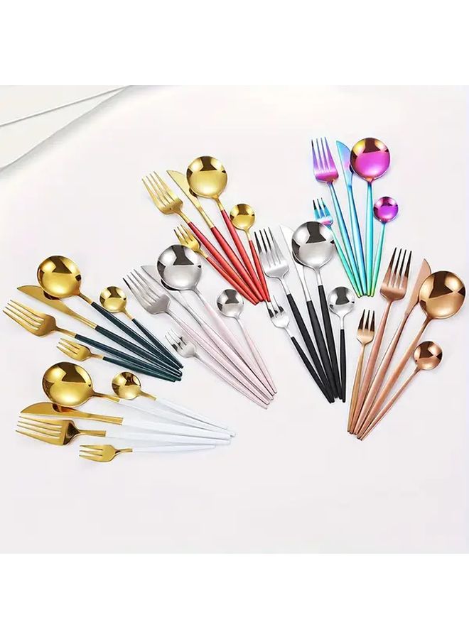 32 قطعة من مجموعة أدوات المائدة المصنوعة من الفولاذ المقاوم للصدأ مصقولة بالمرآة آمنة في غسالة الصحون باللون الفضي والأسود - Image 3