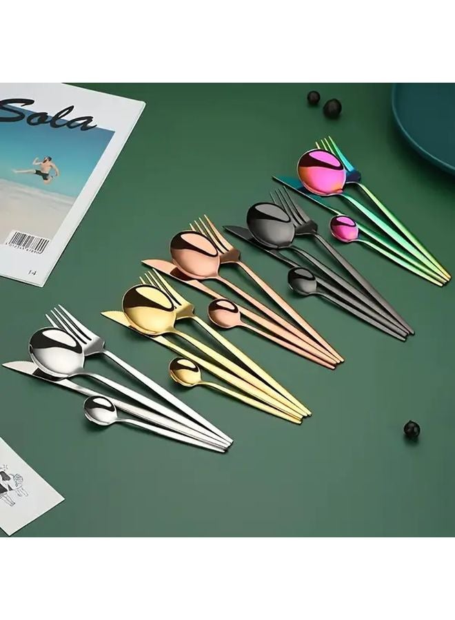 32 قطعة من مجموعة أدوات المائدة المصنوعة من الفولاذ المقاوم للصدأ مصقولة بالمرآة آمنة في غسالة الصحون باللون الفضي والأسود - Image 5