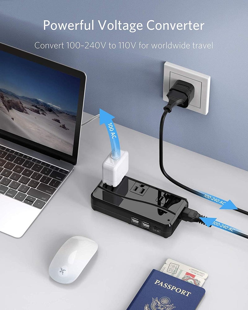 BESTEK محول السفر العالمي BESTEK 100-220V إلى 110V محول جهد 250W مع شحن 6A 4-منافذ USB و 3 مقابس AC ومحول عالمي EU/UK/AU/US/الهند (أسود) - Image 5