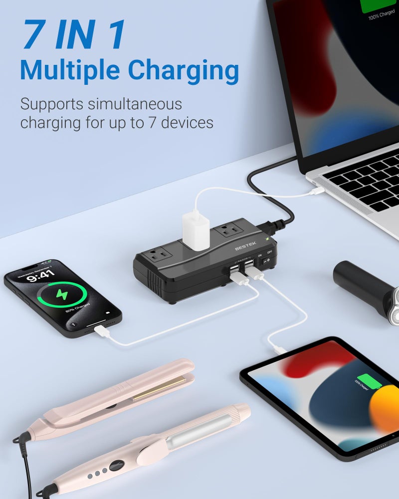 BESTEK محول السفر العالمي BESTEK 100-220V إلى 110V محول جهد 250W مع شحن 6A 4-منافذ USB و 3 مقابس AC ومحول عالمي EU/UK/AU/US/الهند (أسود) - Image 4