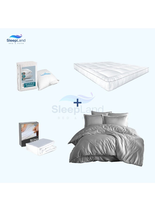 سليب لاند بكج ( لباد فندقي مقاس 200×100 سم ارتفاع 14 سم + واقي مرتبة مقاس 200×100 سم + طقم واقي مخدة + منشفة قطن مقاس 70*140 سم + مفرش فندقي لون رمادي مقاس 200×140سم ) - Image 1