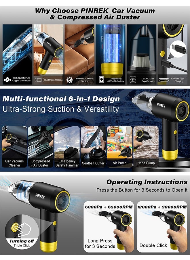 PINREK - Car Vacuum Cleaner Cordless and Air Duster ,Air Blow Powerful brushless motor 12000PA Handheld Vacuum With 4000 mAh battery and safety hammer,  Portable Multi-Nozzles for Car, Keyboard, Home, Office, Kitchen - Image 1
