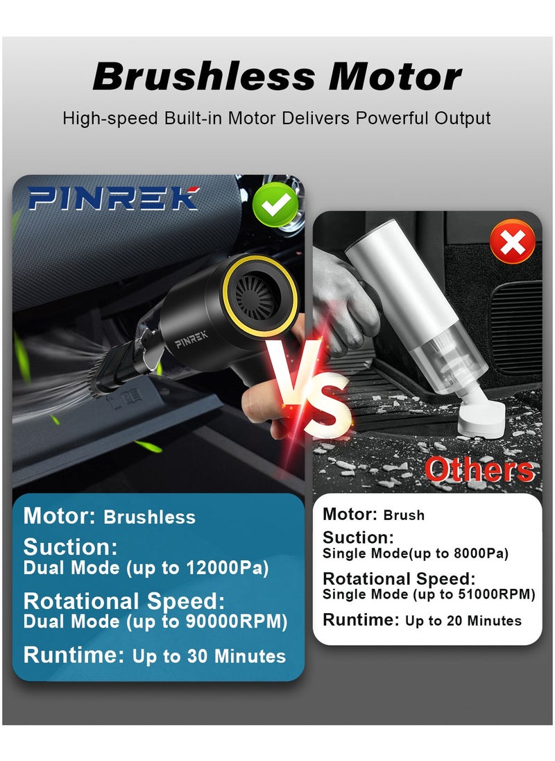 PINREK - Car Vacuum Cleaner Cordless and Air Duster ,Air Blow Powerful brushless motor 12000PA Handheld Vacuum With 4000 mAh battery and safety hammer,  Portable Multi-Nozzles for Car, Keyboard, Home, Office, Kitchen - Image 1