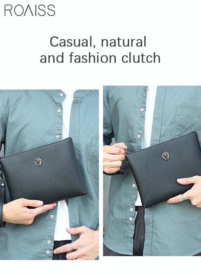 roaiss Casual Lion Head Clutch Bag Classic Portable Envelope Bag Large Capacity Lightweight Wallet Business Minimalist Card Holder with Wrist Strap for Men Gift Black - Image 1