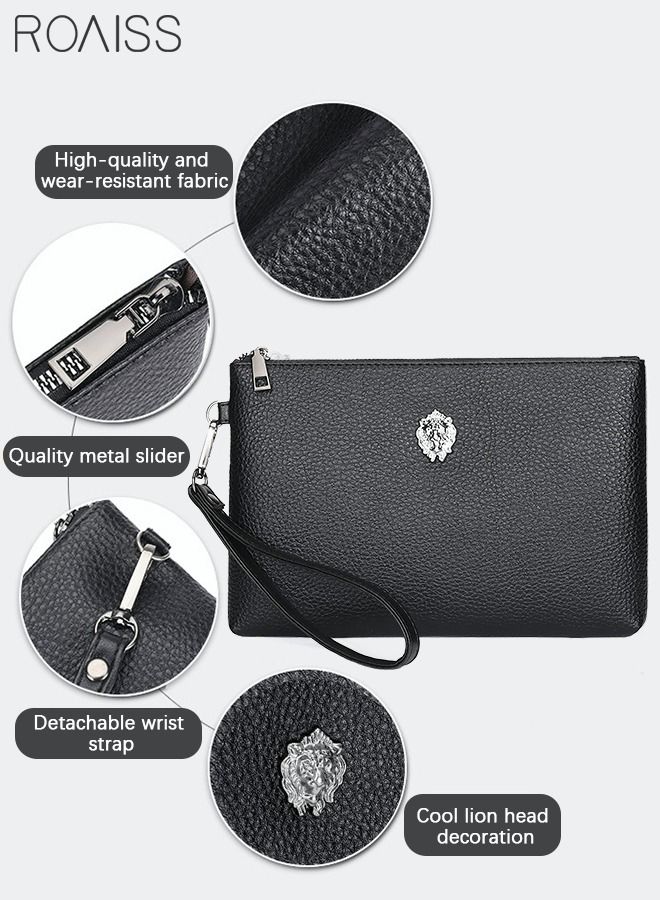 roaiss Casual Lion Head Clutch Bag Classic Portable Envelope Bag Large Capacity Lightweight Wallet Business Minimalist Card Holder with Wrist Strap for Men Gift Black - Image 2