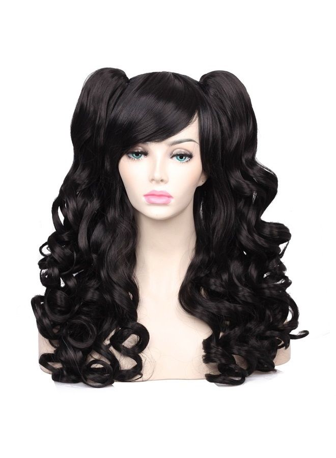 ColorGround Long Curly Cosplay Wig with 2 Ponytails(Black) - Image 1