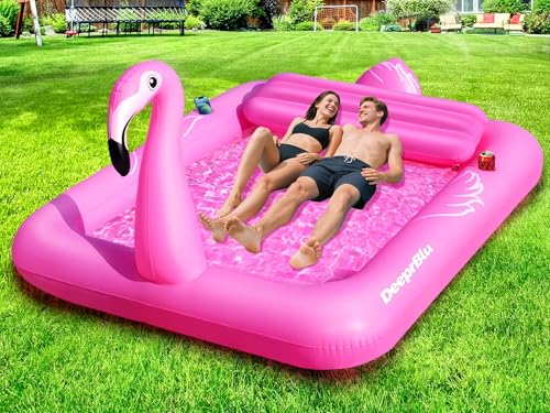 DeeprBlu Luxury Flamingo Inflatable Tanning Pool for 2 Person 81x60 inch Sunbathing Pool Lounger Float Pink Blow Up Tanning Pool Suntan Tub Tanning Water Bed with Cup Holder Lounge Float for Adult - Image 1