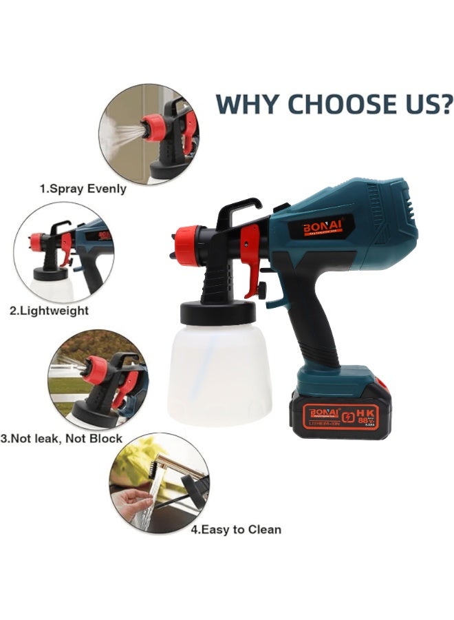 بوناي بخاخ طلاء متقدم بتقنية HVLP، حاوية سعة 1000 مل، تحكم في عجلة الركض، تصميم قابل للفصل، فوهات نحاسية، وبطاريات مزدوجة قابلة لإعادة الشحن - Image 3