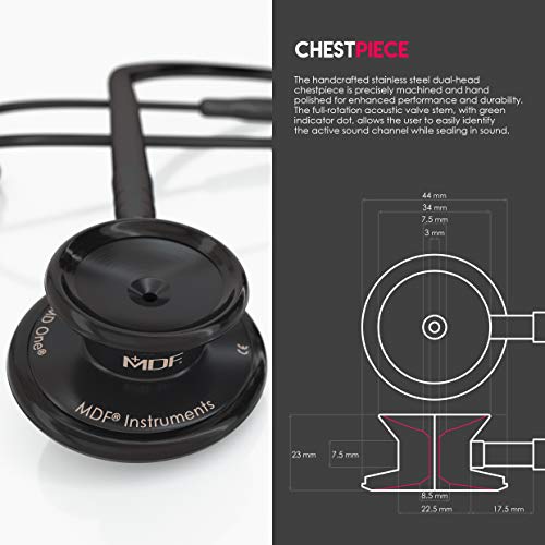 MDF Instruments ستيثوسكوب MDF Instruments MD One Premium من الفولاذ المقاوم للصدأ ذو الرأسين، للبالغين، أنبوب أسود، قطع رأسية سوداء-سماعة، MDF777BO - Image 4