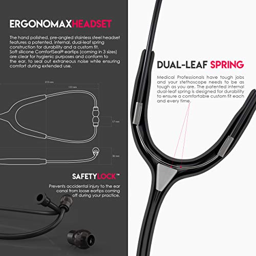 MDF Instruments ستيثوسكوب MDF Instruments MD One Premium من الفولاذ المقاوم للصدأ ذو الرأسين، للبالغين، أنبوب أسود، قطع رأسية سوداء-سماعة، MDF777BO - Image 5