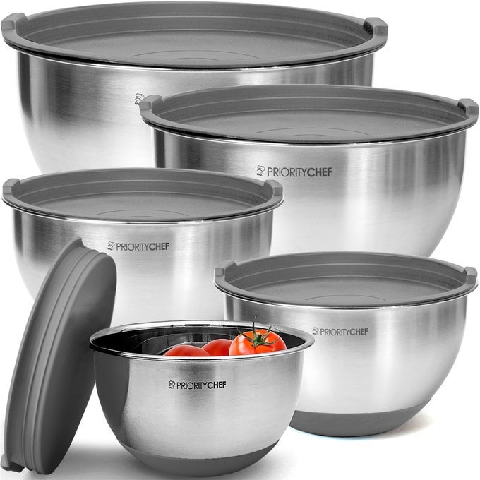 PREMIUM MIXING BOWLS WITH AIRTIGHT LIDS SET THICKER STAINLESS STEEL MIXING BOWL SET LARGE PREP METAL BOWLS WITH LIDS NESTING BOWLS FOR KITCHEN 152345 QRT GREY