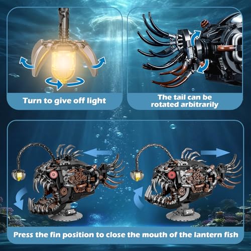 Vziimo Mechanical Lantern Fish Building Set Creative Sea Animal Building Blocks Toys with Light Home Office Decor Toy Gift for Adults Teens Ocean Lovers 14 1038PCS - Image 5