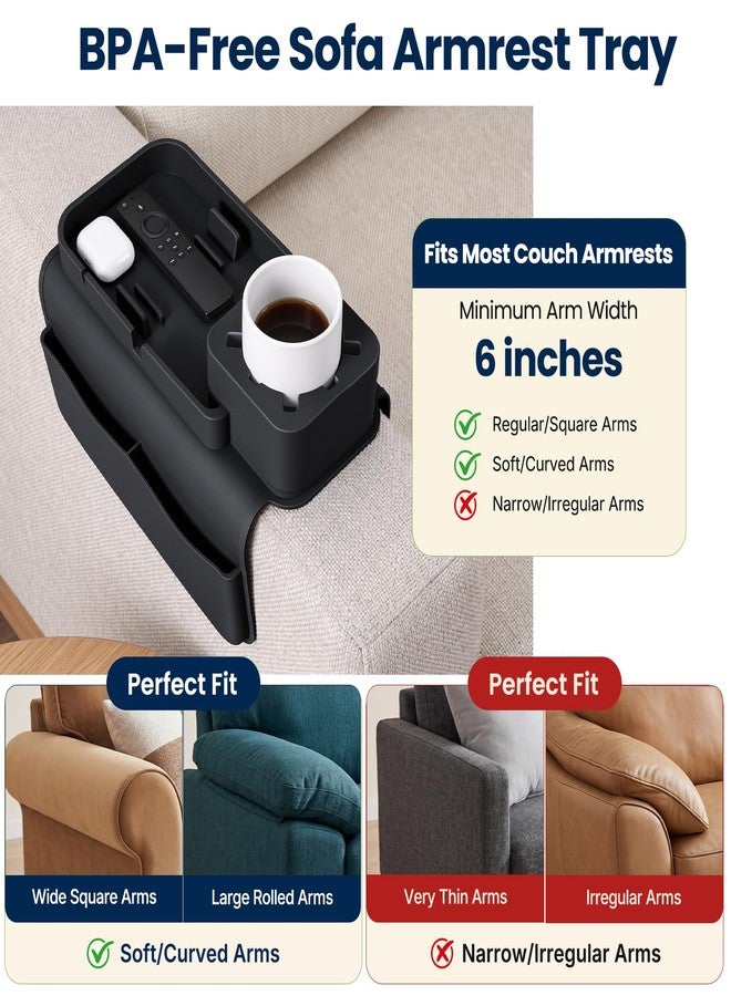 Yewltvep Silicone Couch Cup Holder Tray - Anti-Spill Non-Slip Sofa Armrest Organizer with Tablet & Phone Stand, Side Pockets, BPA-Free Dirt-Resistant Arm Tray for Drinks, Remotes, Snacks, Gifts (Black) - Image 5