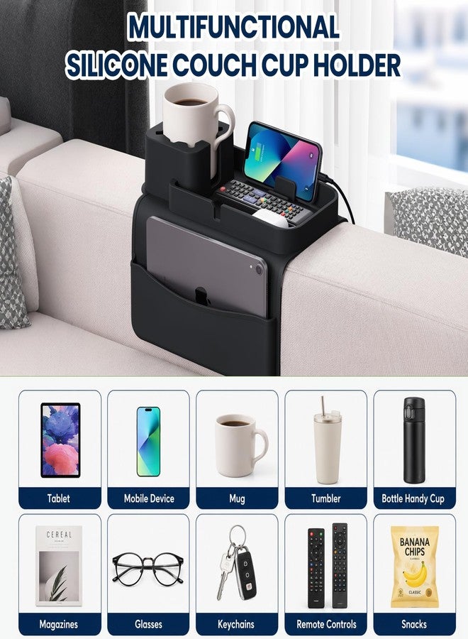 Yewltvep Silicone Couch Cup Holder Tray - Anti-Spill Non-Slip Sofa Armrest Organizer with Tablet & Phone Stand, Side Pockets, BPA-Free Dirt-Resistant Arm Tray for Drinks, Remotes, Snacks, Gifts (Black) - Image 2