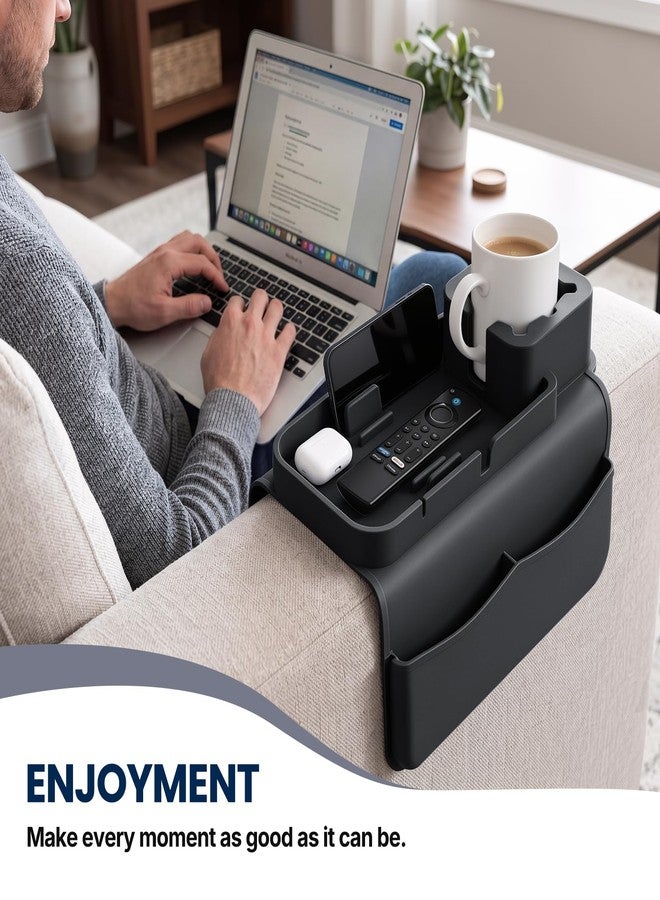 Yewltvep Silicone Couch Cup Holder Tray - Anti-Spill Non-Slip Sofa Armrest Organizer with Tablet & Phone Stand, Side Pockets, BPA-Free Dirt-Resistant Arm Tray for Drinks, Remotes, Snacks, Gifts (Black) - Image 4