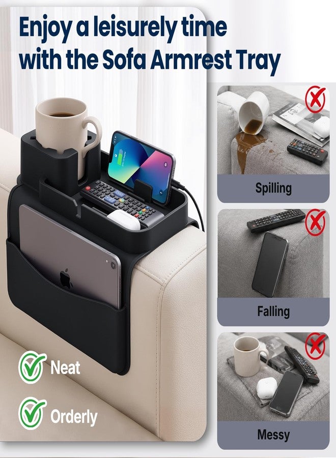 Yewltvep Silicone Couch Cup Holder Tray - Anti-Spill Non-Slip Sofa Armrest Organizer with Tablet & Phone Stand, Side Pockets, BPA-Free Dirt-Resistant Arm Tray for Drinks, Remotes, Snacks, Gifts (Black) - Image 3