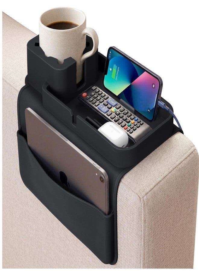Yewltvep Silicone Couch Cup Holder Tray - Anti-Spill Non-Slip Sofa Armrest Organizer with Tablet & Phone Stand, Side Pockets, BPA-Free Dirt-Resistant Arm Tray for Drinks, Remotes, Snacks, Gifts (Black) - Image 1