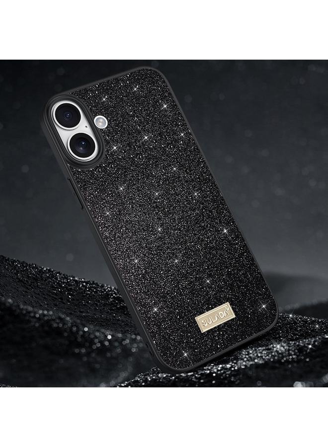 Case For iPhone 16 Plus Glittery PC Hybrid TPU Handmade Leather Phone Case