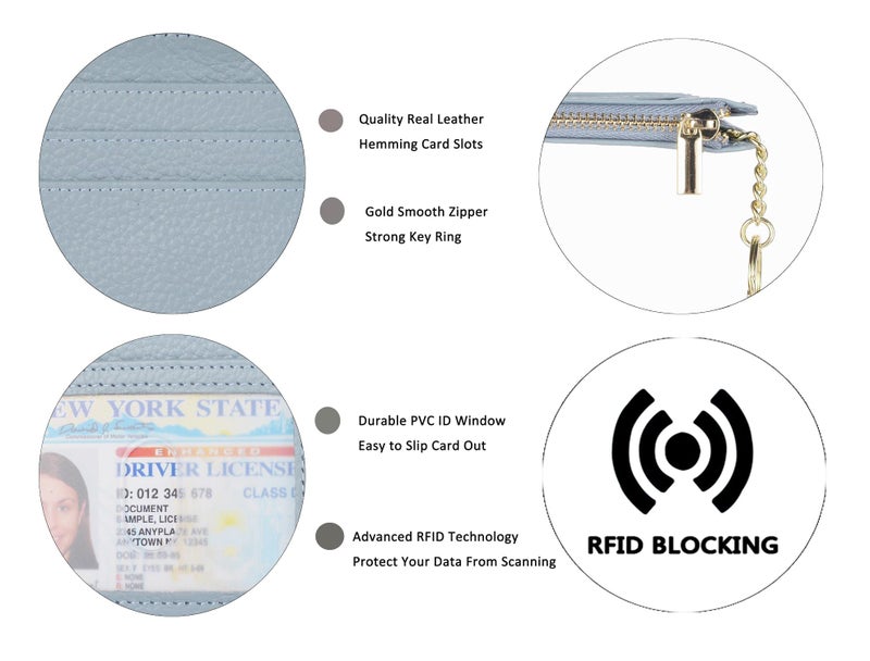 woogwin Slim RFID Credit Card Holder for Women Mini Front Pocket Wallet Purse With Keychain(Lichee Light Blue) - Image 4