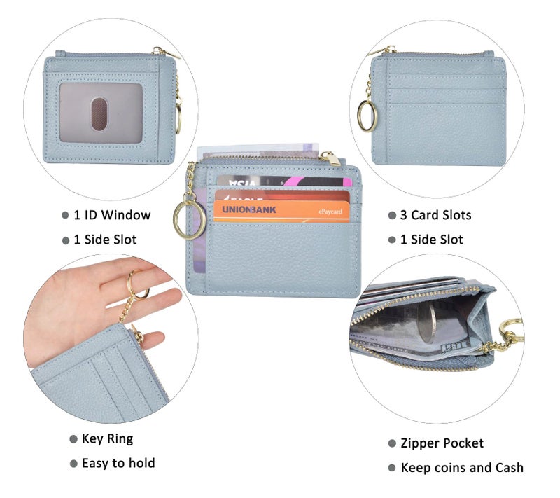 woogwin Slim RFID Credit Card Holder for Women Mini Front Pocket Wallet Purse With Keychain(Lichee Light Blue) - Image 3