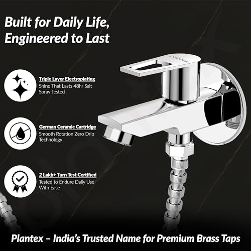 Plantex Pure Brass 2 in 1 Tap for Washing Machine/2-Way Bib Cock for Bathroom with Brass Wall Flange & Teflon Tape - (Chrome) - Image 3