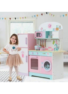 AL BADER Wooden Kitchen Toy With Oven and Cook Food Toys Set And Ice Maker, Large wooden kitchen with Storage places, Interactive Brand Play Kitchen for Girls & Boy 3-10 Years (Colorful, 89*29*101)  - Image 1