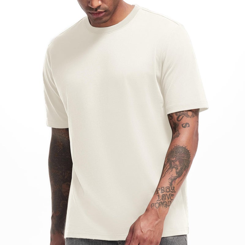 VEIISAR Men's Heavy Weight Crew Neck T-Shirt Mens Premium Cotton Pre Shrunk Tee Beige L - Image 1