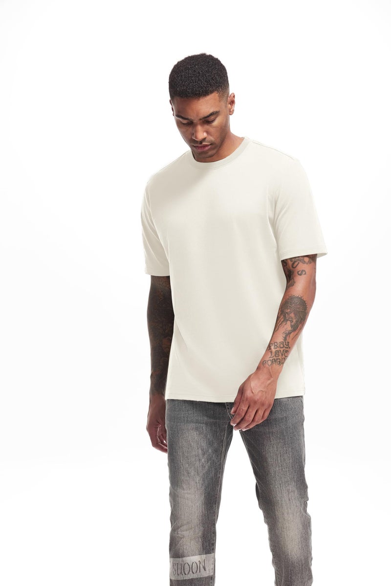 VEIISAR Men's Heavy Weight Crew Neck T-Shirt Mens Premium Cotton Pre Shrunk Tee Beige L - Image 3