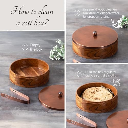 Nestroots Wooden Casserole for Roti | 9-Inch Hot Pot for Kitchen | Chapati Box with Stainless Steel Tong | Copper Finish Hot Case Roti Box for Fresh & Warm Roti | Durable & Stylish For Kitchen Storage - Image 3