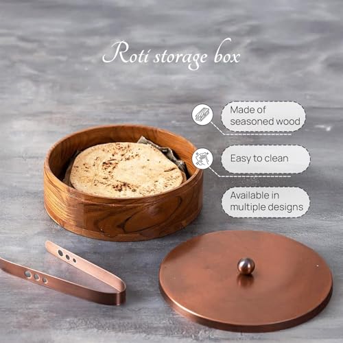 Nestroots Wooden Casserole for Roti | 9-Inch Hot Pot for Kitchen | Chapati Box with Stainless Steel Tong | Copper Finish Hot Case Roti Box for Fresh & Warm Roti | Durable & Stylish For Kitchen Storage - Image 4