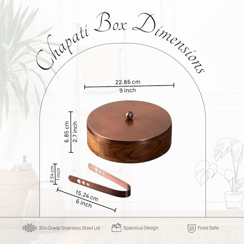 Nestroots Wooden Casserole for Roti | 9-Inch Hot Pot for Kitchen | Chapati Box with Stainless Steel Tong | Copper Finish Hot Case Roti Box for Fresh & Warm Roti | Durable & Stylish For Kitchen Storage - Image 2