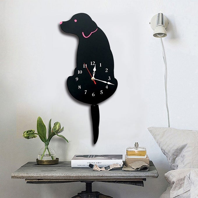 WALL CLOCK CREATIVE DOG ACRYLIC WALL CLOCK WITH SWING TAIL PENDULUM FOR LIVING ROOM BEDROOM KIDS ROOM KITCHEN AND HOME DCOR BATTERY NOT INCLUDED 42CM X 18CM BLACK