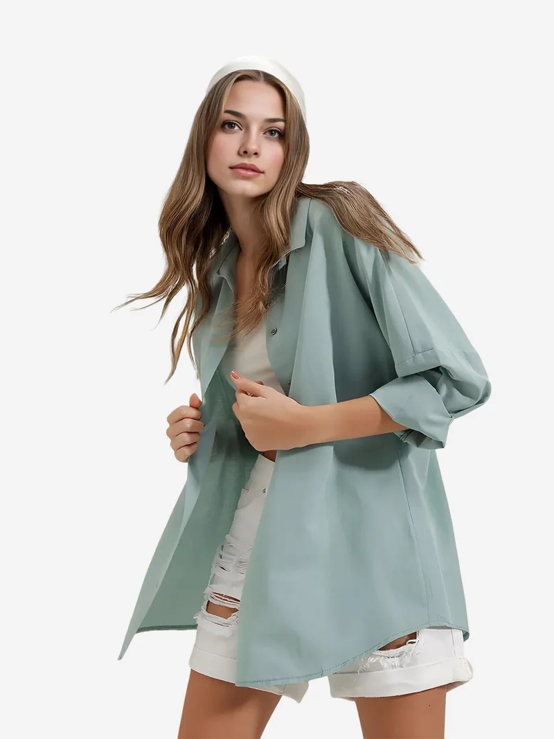 BDART Oversized Patterned Poplin Shirt With Button Closure