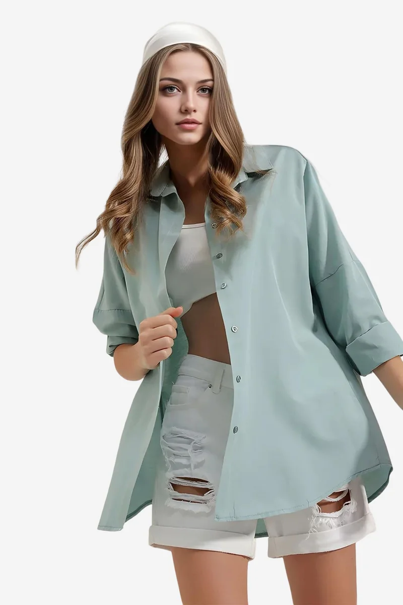 Big Dart Mint Green BDART Oversized Patterned Poplin Shirt With Button Closure for Women | Best Price UAE